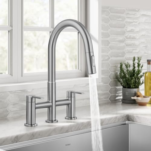 Image of KRAUS Oletto Bridge Kitchen Faucet with Pull-Down Sprayhead in Spot-Free Stainless Steel, KPF-3122SFS