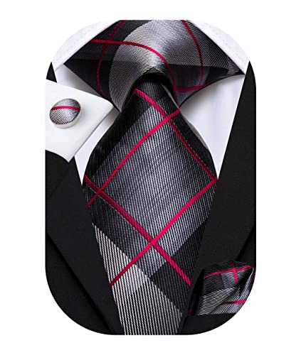 Hi-Tie Black Red Plaid Silk Long Tie Checks Woven Necktie Pocket Square Cufflinks