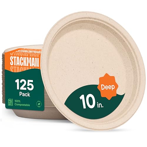 deep dish paper plates, heavy duty disposable dinner plates [125-pack] 10 inch plates - 100% compostable eco-friendly, biodegradable sugarcane bagasse, natural brown 10" (9" deep)