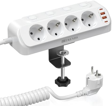 Tischsteckdose Schreibtisch mit USB C PD 20W, Steckdosenleiste mit 4 Einzeln Schalter, 4 Fach Ecksteckdose, Mehrfachsteckdose Wandmontage mit Federdraht 2M Kabel, Überspannungsschu