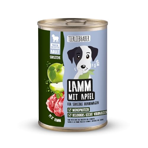 TIERLIEBHABER – Hundefutter Nass 400g Lamm mit Apfel – Von Tierärzten entwickelt – Nassfutter Hund mit 91% Fleischanteil – Dog Food als Hundenassfutter 400g Dosen