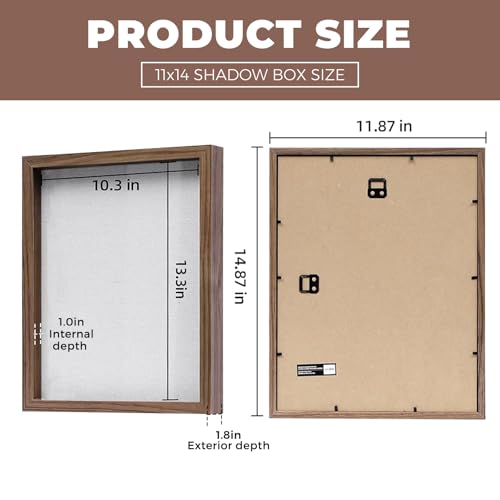 Image of Muzilife 11x14 Shadow Box Picture Frame with Linen Board - Deep Wood & Glass Display Rustic Case Ready to Hang Memorabilia, Pins, Awards, Medals, Wedding, Tickets, and Photos, Brown