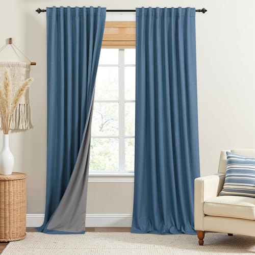 KOUFALL Coastal Blue Blackout Curtains 84 Inch Length 2 Panels Set,Denim Blue Thermal Black Out Farmhouse Linen Nautical Curtains for Living Room Bedroom 84 Inch Long
