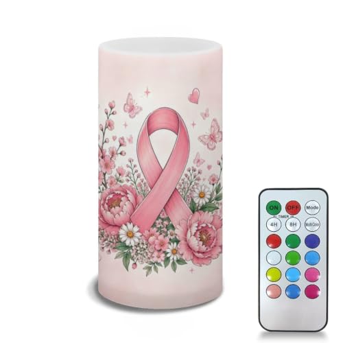 Image of Poceacles Flameless Light Candles Battery Operated Candles with Color Changing Timer Remote Control Tealights for Breast Cancer Awareness Decor, Pink Ribbon Floral Butterfly Pink