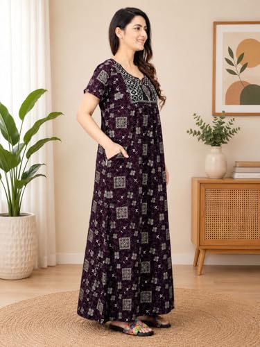 Image of Women's Pure Cotton Maxi Nighty, Jaipuri Embroidery Print, Short Sleeve Night Gown with Pocket