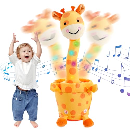 LLUKEME Dancing Talking Giraffe Toy, Stuffed Animal Baby Toy Repeating What You Say, Glowing Musical Electronic Giraffe Gifts for Toddlers 1-3 Years Old (Smiling Giraffe)