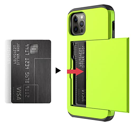 Fastsun Shockproof Hard Back Silicone Case Designed for iPhone 13 Dual Layer Protective Credit Card Holder ID Cards Slot Case Cover Compatible with iPhone 13 (Neon Green) - Thumbnail 4