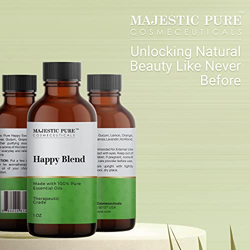 Majestic Pure Happy Essential Oil Blend | 100% Pure Therapeutic Grade Oil Blend For Positivity, Stress Relief | Grapefruit, Patchouli, Lemon Essential Oil For Diffusers & Aromatherapy | 1Oz #TOP5
