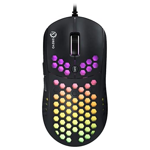 Mouse da gioco DREVO Falcon Full RGB cablato leggero da 70 g Sensore ottico 16000 DPI PixArt 3389, frequenza di rapporto 1000 Hz, 400 IPS, cavo ultra morbido e guscio a nido d'ape - Nero