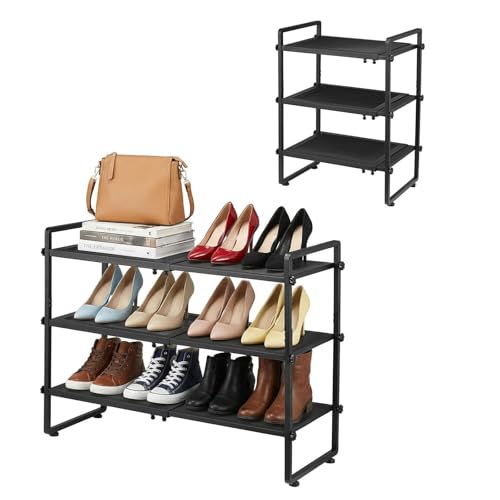 Expandable Shoe Rack for Closet,Metal Shoe Storage,Black-3 Tier | Adjustable Shoe Organizer for Entryway, Stackable Long Shoe Stand Holder for Garage, Hallway, Door Entrance