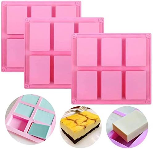 Silicone Soap Molds Set of 3, 6 Cavities DIY Handmade Soap Moulds - Cake Pan Molds for Baking, Biscuit Chocolate Mold, Silicone Soap Bar Mold for Homemade Craft, Ice Cube Tray, Pink
