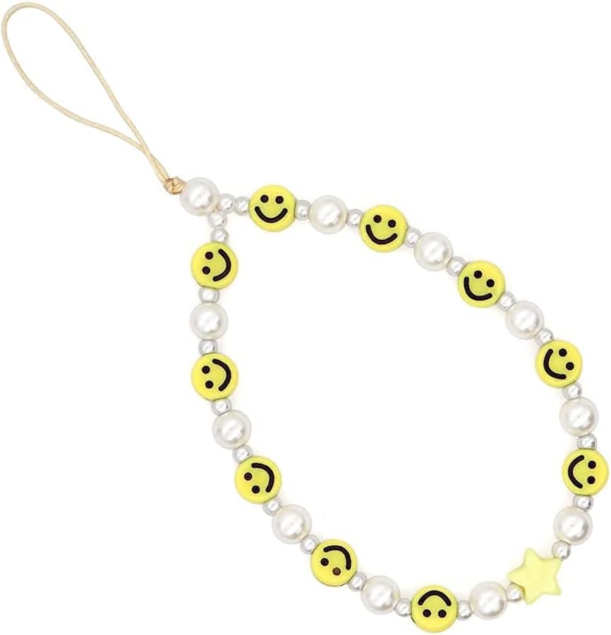 Tazweeq Beaded Phone Lanyard Wrist Strap Smiley Face Beaded Handmade, Colourful Acrylic Beads Pearl Mobile Phone Charm Bracelet For Women & Girls