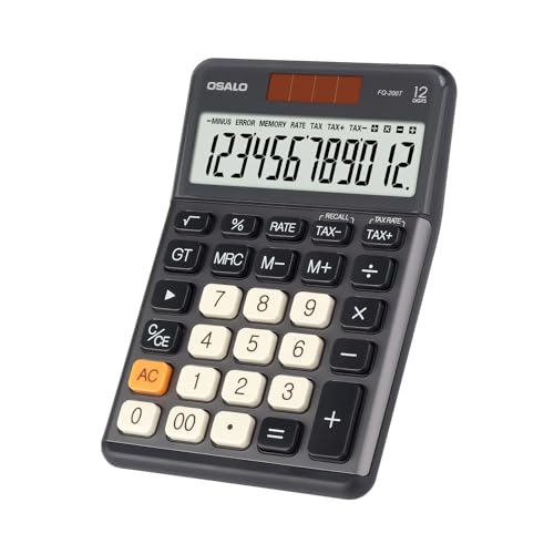 Pendancy オフィス用小型電卓デスクトップ、税額+/-税額計算機能付き、12桁大型LCDディスプレイ、ソーラーバッテリー駆動、耐久性のあるポータブルデザイン、財務会計ビジネス家庭用(OS-200T-グレー)の商品画像（Amazon）