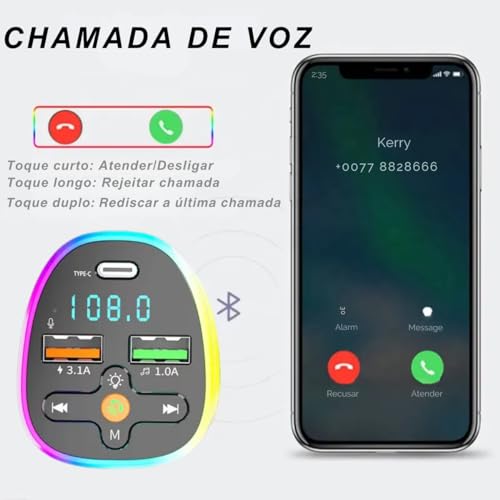 Carregador Transmissor Adaptador FM Bluetooth Para Carro Acendedor Veicular LED Dupla Entrada USB Ca