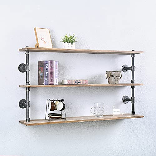 Jianzhuo Industrial Pipe Shelf Real Wood Floating Shelves,Rustic 3 Tier Wall Shelf Bar Pipe Shelving,Steampunk Pipe Shelves Wall Mounted,Metal Bookshelf Kitchen Wall Shelves(48In) #TOP4