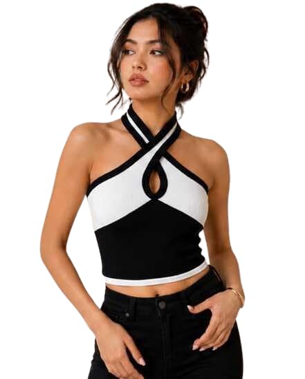 Women's Black & White Halter Neck Crop Top | Color Block Sleeveless Cross Strap Stretch Knit Top | Slim Fit Fashion Tank for Girls & Women-picture-18