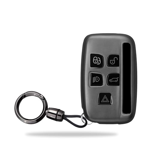 Image of SIAGO TPU Key Cover and Round Key Chain Compatible with Jaguar XF XJ XE F-PACE F-Type Range Rover Evoque Velar Discovery LR4 Land Rover Sport 5 Button Flip Key (Grey)