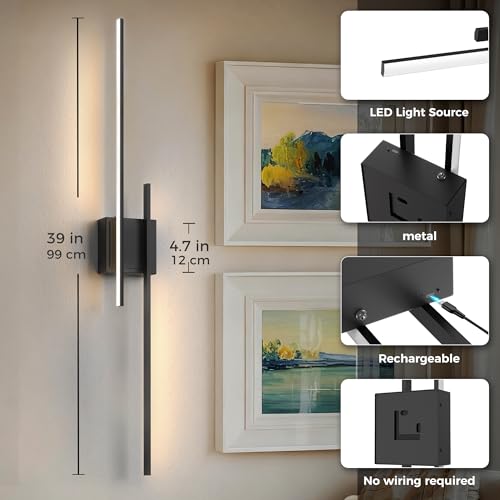 Image of L LOHAS LED Battery Operated Wall Sconces, Set of 2, 10000mAh, Black