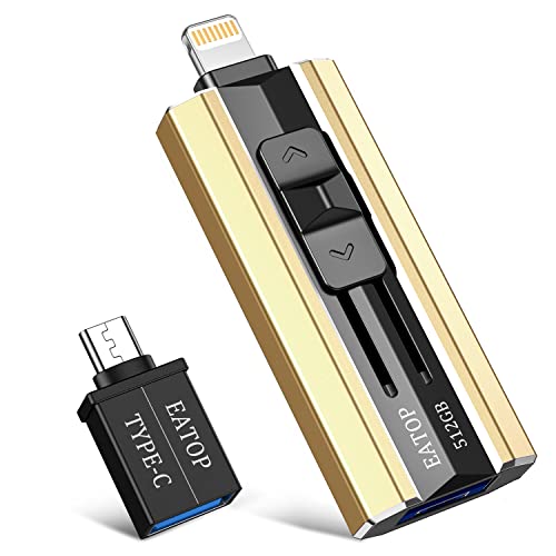 Image of EATOP USB Flash Drive 512GB iPhone Memory Stick Storage for Photos and Videos, iPhone Mobile Photo Stick Storage Flash Thumb Drive Compatible with iPhone iPad Android and Computers (Gold)