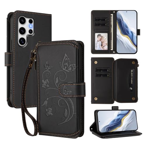 Étui portefeuille Samsung S21 cuir clapet magnétique noir motif papillon