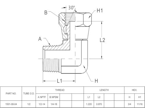 Image of (2-PACK) 1501-08-04 Hydraulic Hose Adapter Fitting 1 /2 inch Male (1 /2 inch-14NPTF) x 1 /4 inch Female Swivel (1 /4 inch-18NPSM) 90 Elbow SAE Pipe Joints Tube Connector Carbon Steel