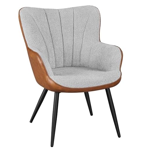 Yaheetech Modern Tub Chair, Fuzzy Boucle Fabric and PU Leather Armchair, Upholstered Vanity Chair with Curved High Back and Mental Legs for Living Room Makeup Bedroom, Grey/Retro Brown
