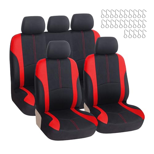 Dickno 9 PCS Car Seat Covers Full Set, Two-Tone Washable Automotive Front and Back Split Bench Seat Protectors, Easy to Install Vehicle Seat Covers for Most Car, Sedan, Truck, SUV (Red)