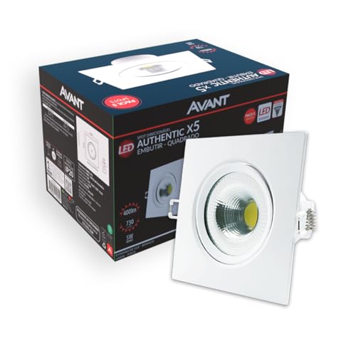 KIT com 5 Spot LED 5W, Quadrado Embutir Bivolt 6500k Branco Frio, Avant  