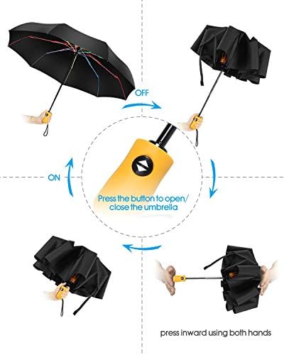 Windproof Travel Folding Umbrella Automatic, BESTKEE Large Rain Folding Compact Umbrella Portable Fast Drying with Auto Open/Close Button, Non-Slip Handle (Black.)
