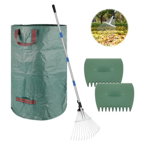SANLIKE 68" Adjustable Metal Leaf Rake, Heavy Duty Thatch Rake Include Bag