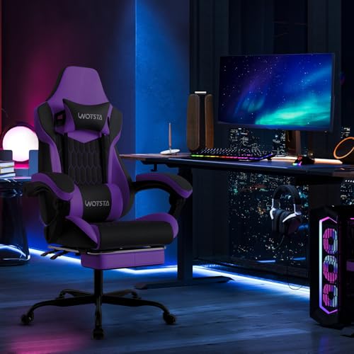 Image of Gaming Chair with Footrest, High Back Gaming Chairs PVC Leather Ergonomic Gamer Chair with Adjustable Headrest Lumbar Support Racing Style Video Gaming Chair for Office /Home (Purple)