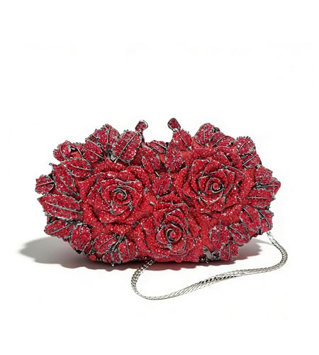 Sweetovo Luxury Crystal Rose Clutch Purse for Women, Sparkly Rhinestone Floral Evening Bag, Elegant Handbag for Wedding, Prom, Party (Red)