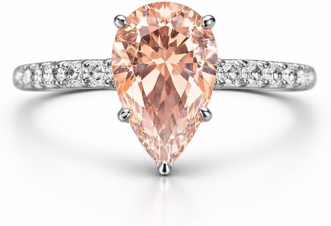 Pear Cut Morganite Engagement Ring for Women 14K White Gold Solitaire Ring with Diamond Band Peach Pink Gemstone Bridal Promise Jewelry Gift for Her