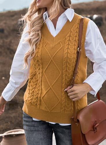 Image of EVALESS Oversized Sweater Vest for Women V Neck Sleeveless Cable Knit Tops