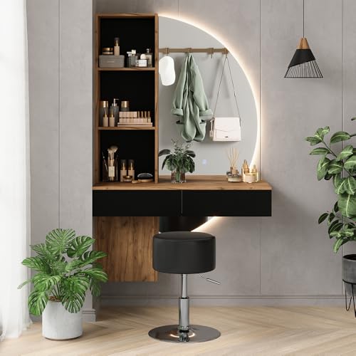 Vicco Tavolo da toeletta Melora, Quercia/nero, 100 cm con specchio LED e sgabello