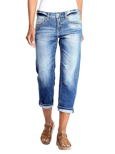 Flamingals Straight Leg Capris for Women Mid Rise Casual Roll Hem Denim Capris