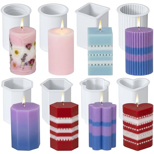 Thinp 8 Pcs Silicone Candle Molds 2.8in Candle Making Molds 3D Pillar Hexagonal Cylinder Resin Mold for Candles Making Soaps DIY Crafts (6 Styles)