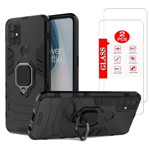 Anvzle for OnePlus Nord N10 5G Case with [2 Pack] Tempered Glass Screen Protector, Heavy Duty Armor [Military-Grade] Protective，for OnePlus N10 Magnetic Kickstand Car Mount Case Black