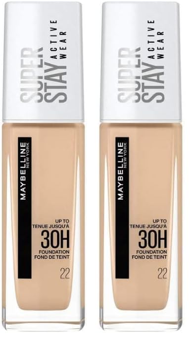 Maybelline New York Wasserfestes Make up, Foundation mit hoher Deckkraft, Langanhaltendes Gesichts-Make-up, Super Stay Active Wear, Farbe: Nr. 22 Light Bisque (Hell), 1 x 30 ml (Packung mit 2)