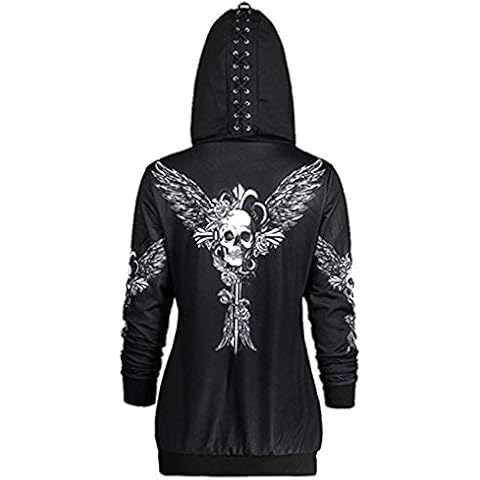 TOMETO STAR Women Causal Zipper Hoodie Skull Wings Print Hooded Jacket Coat Loose Sweatshirt Plus Size Black Cover