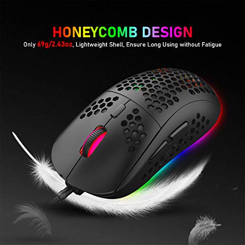Lightweight Gaming Mouse With Ergonomic Honeycomb Shell 6 Rgb Backlight Mode 7 Button Programmable Driver Adjustable 6400 Dpi Optical Sensor Wired Ultraweave Usb Cable For Pc Mac Computer Gamer(Black) #TOP1