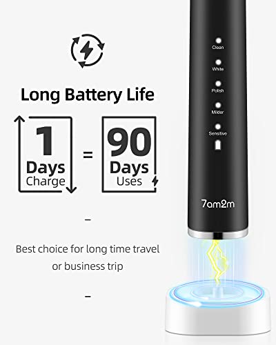 7Am2M Sonic Electric Toothbrush With 6 Brush Heads For Adults And Kids, One Charge For 90 Days, Wireless Fast Charge, 5 Modes With 2 Minutes Build In Smart Timer, Electric Toothbrushes(Black) #TOP5