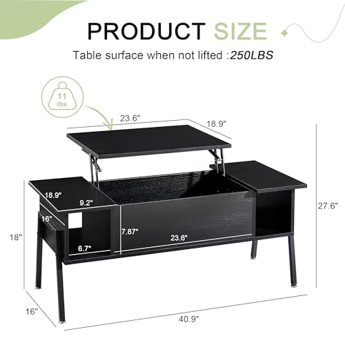 VECELO Wood Lift Top Coffee Table with Hidden Compartment and Storage Shelf for Living Room/Office Reception, Rising Tabletop, Black by VECELO - Image 5
