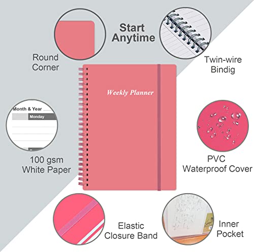 Weekly Planner Undated - Spiral Goal Planner Notebook, A5 To Do List Planner For Men And Women, Pvc Hardcover, Elastic Closure,Inner Pocket, 8.3" X 5.8", Pink #TOP1