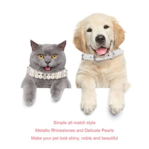 Image of HOWWFALY Dog Cat Pearl Collars with Crystal Rhinestone PU Leather Collars Necklace Adjustable CollarDog Chain Cat White Pearl Pet Collar(White, Large)