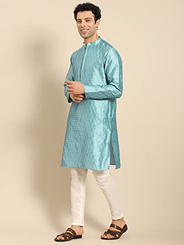Image of Men's Navy Blue Cotton Festive Wear Regular Fit Woven Design Kurta | Indian Wedding Wear Kurta | Festive Ethnic Kurta