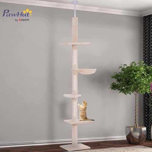 PawHut Floor to Ceiling Cat Tree for Indoor Cats 5-Tier Kitty Tower Beige - Image 2