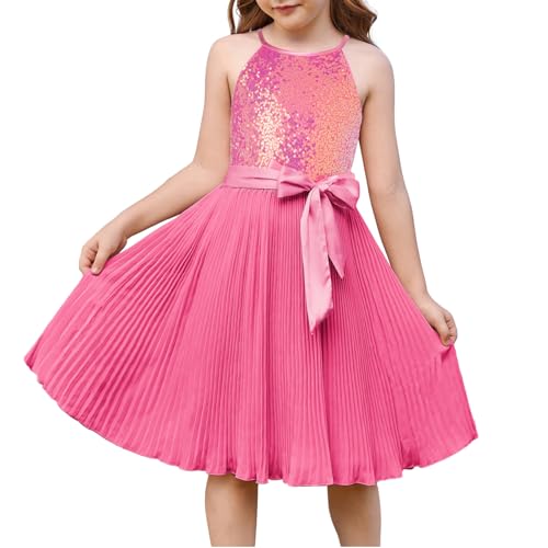 GRACE KARIN Mädchen Elegant Sommer A-Linie Kleid Neckholder Ärmellos Pailltten Kleid Rosa 12 Jahre