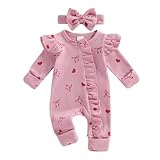 ZIXILOVGIR Newborn Baby Girl Valentines Day Outfit Heart Print Ruffle Long Sleeve Romper Onesie Cute Clothes with Headband (Bowknot Heart Pink, 3-6 Months)