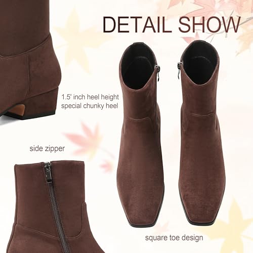 Fall Suede Ankle Boots For Women Square Toe Short Booties Chunky Low Heel Boots Side Zip Dressy Mid Calf Combat Riding Motorcycle Booties2